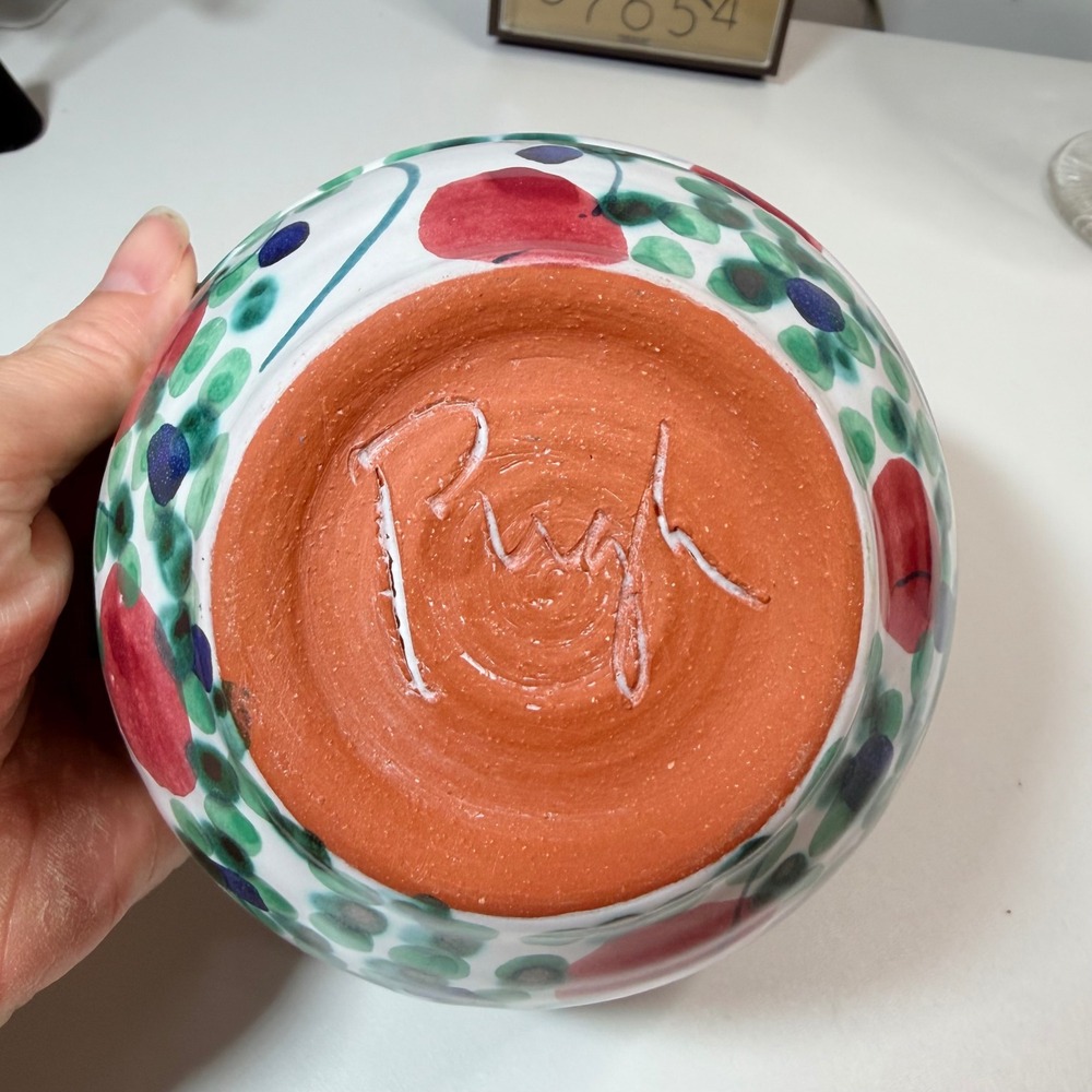 Studio Pottery Signed Hand Painted Floral Berry Ceramic Bowl Terracotta 5" - Picture 6 of 8